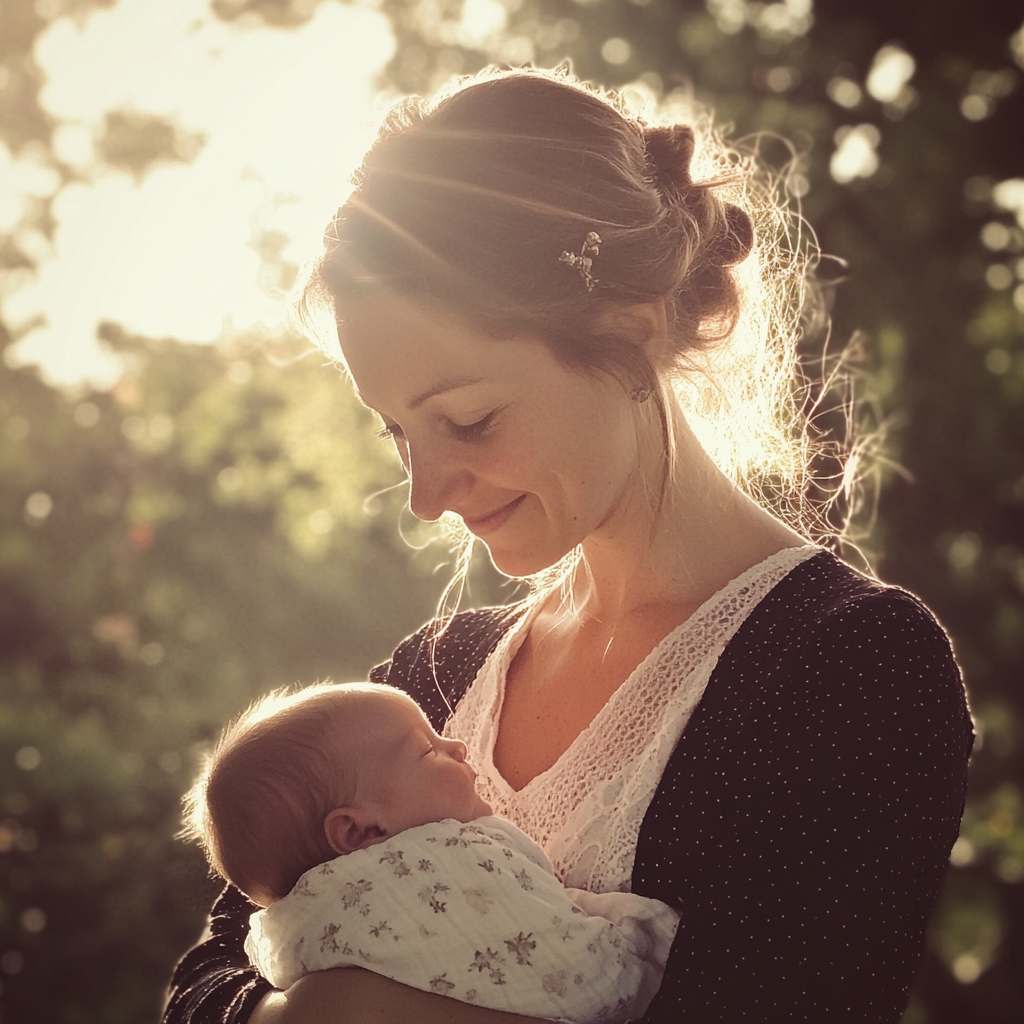 Une femme souriante tenant son bébé | Source : Midjourney