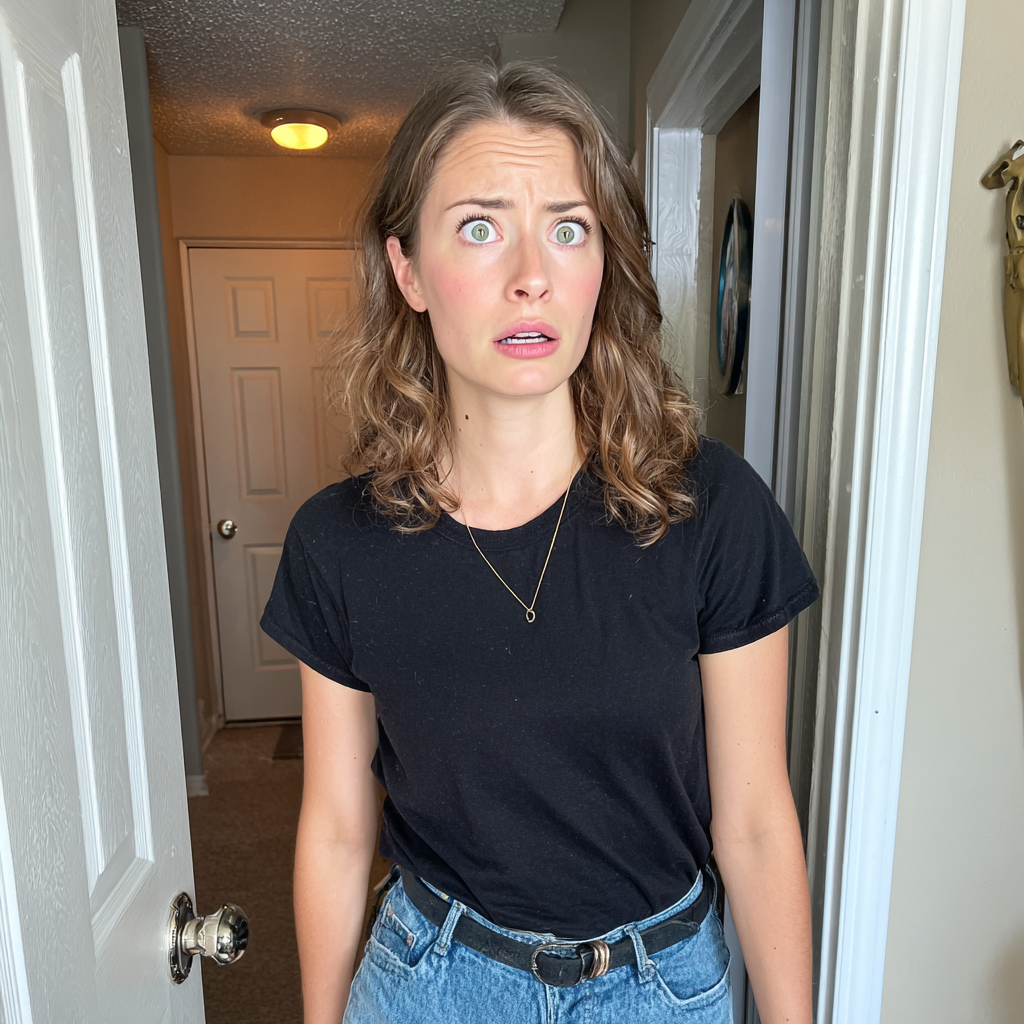 Une femme debout dans l'embrasure d'une porte, les yeux écarquillés | Source : Midjourney
