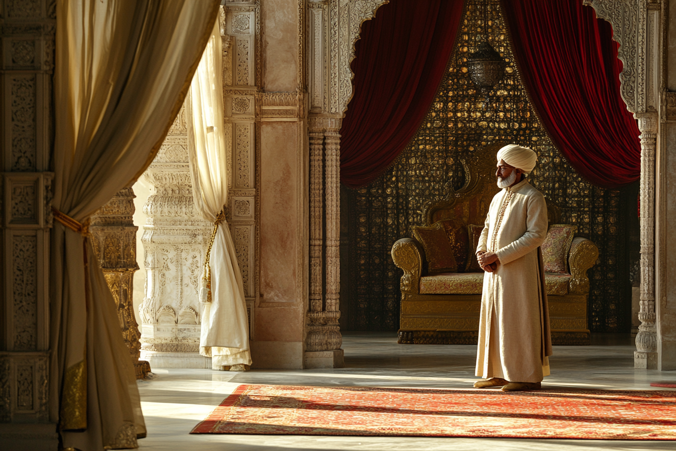 Un conseiller royal debout dans un ancien palais indien | Source : Midjourney