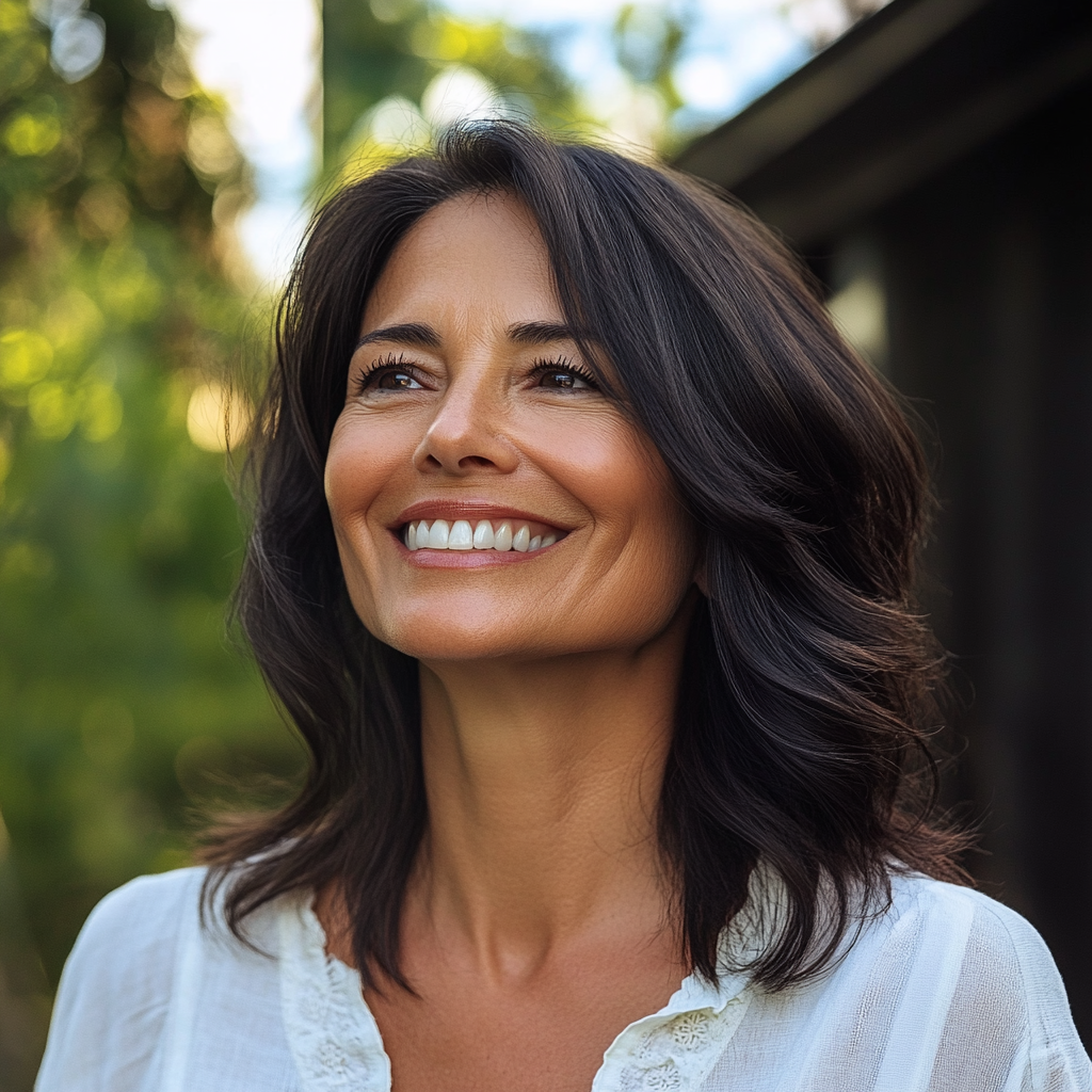Une femme souriante se tenant à l'extérieur | Source : Midjourney