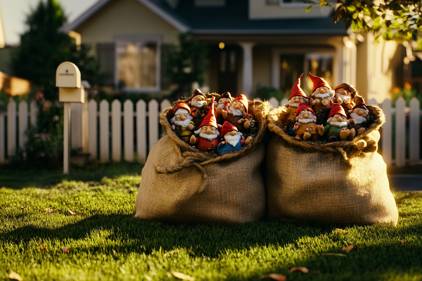 Deux sacs remplis de nains de jardin sur la pelouse | Source : Midjourney