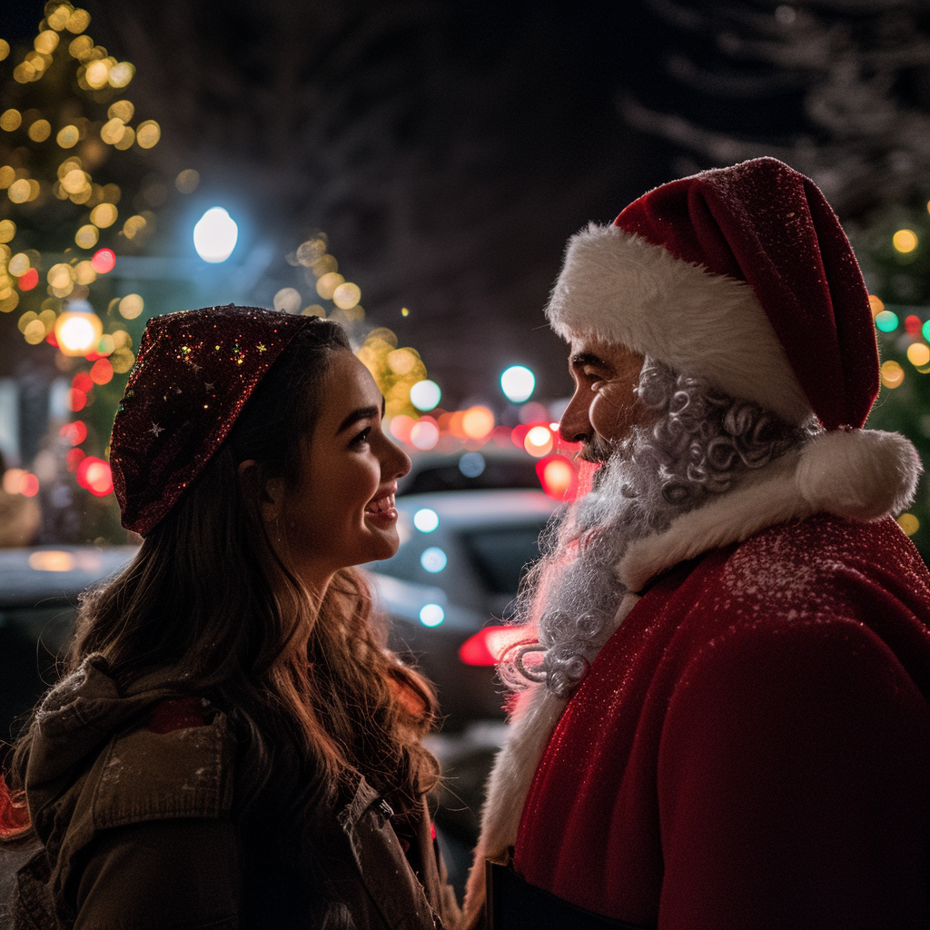 Une femme parle à un homme déguisé en père Noël | Source : Midjourney