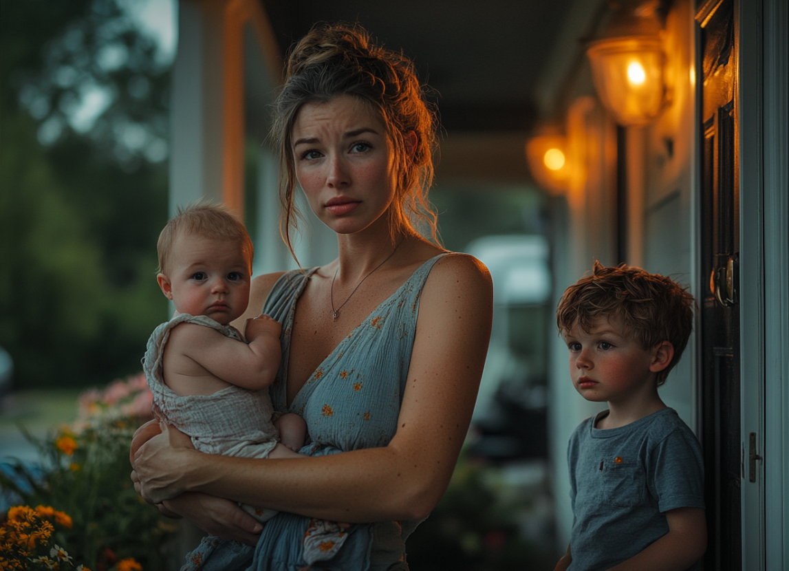 Une femme debout sur un porche avec ses enfants | Source : Midjourney