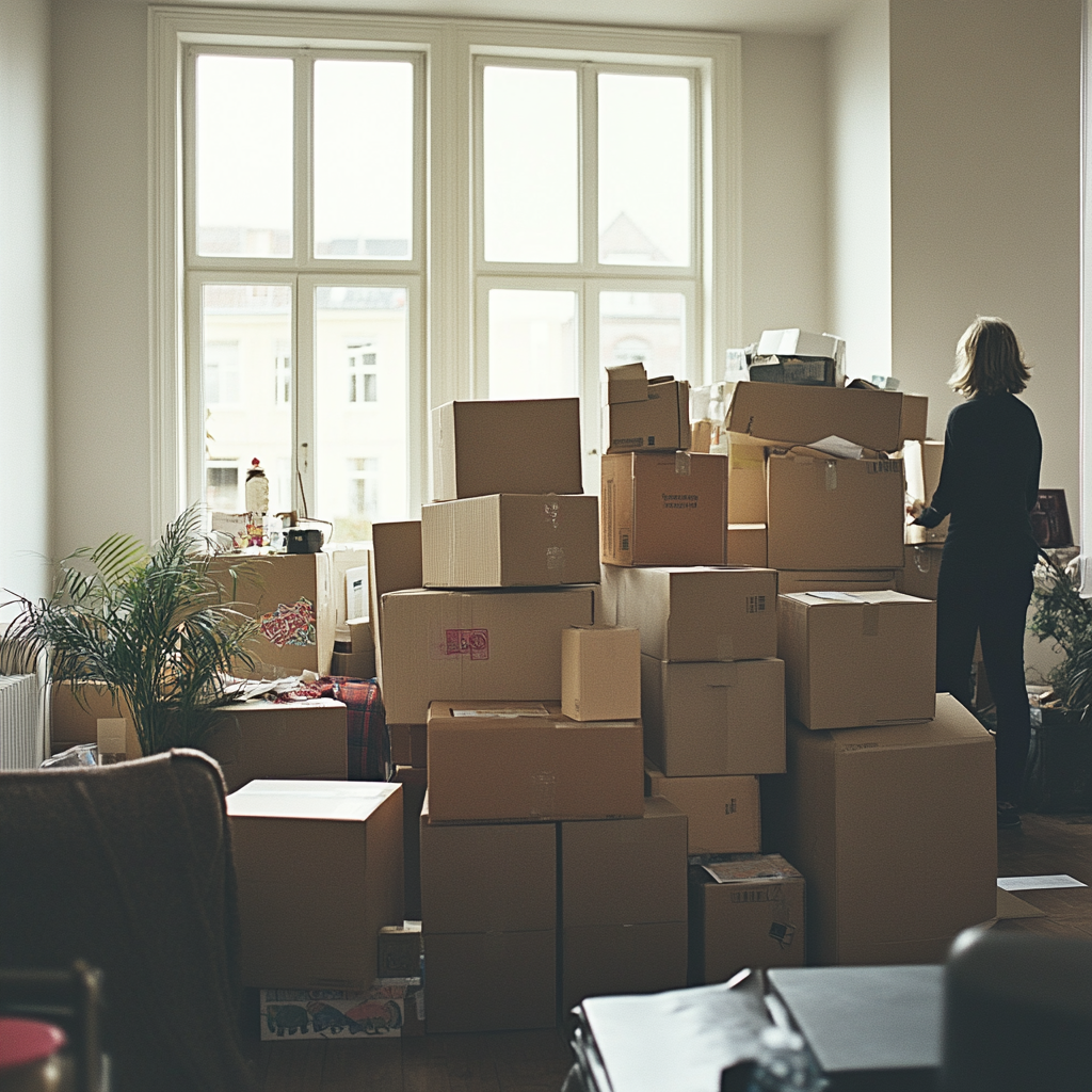 Une pile de cartons dans un salon | Source : Midjourney