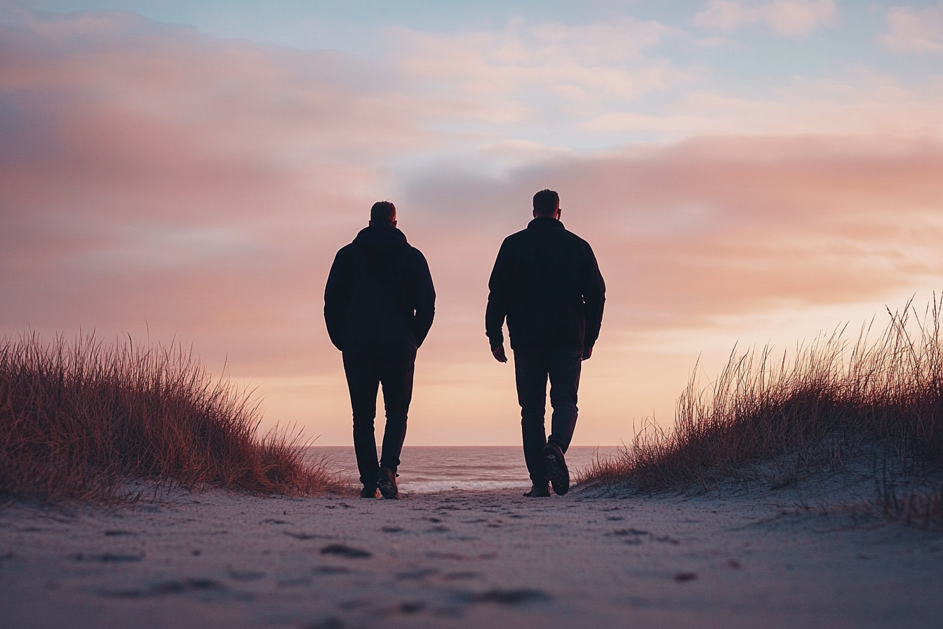 Deux hommes marchant sur un chemin menant à une plage | Source : Midjourney