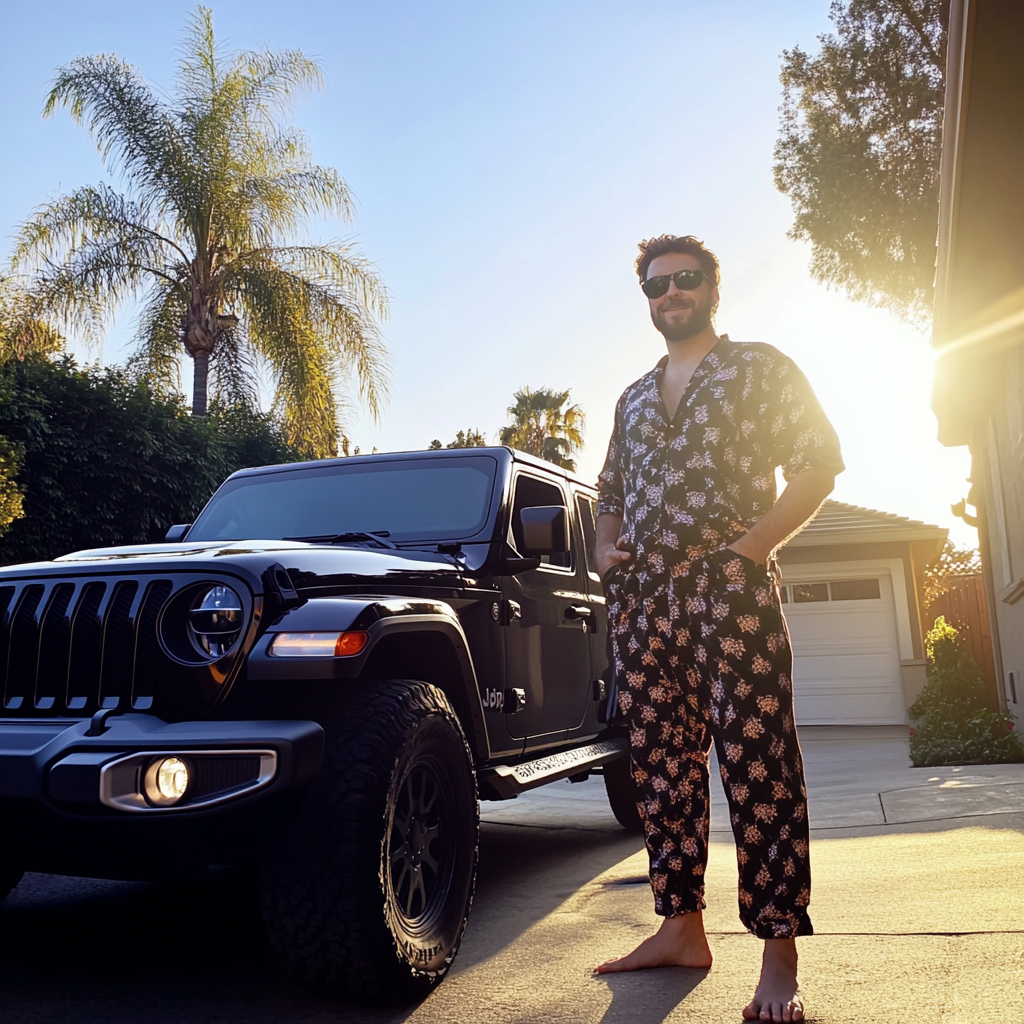 A man standing next to a Jeep in his pajamas | Source: Midjourney