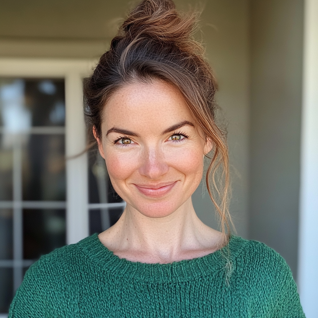 Une femme souriante portant un pull vert | Source : Midjourney