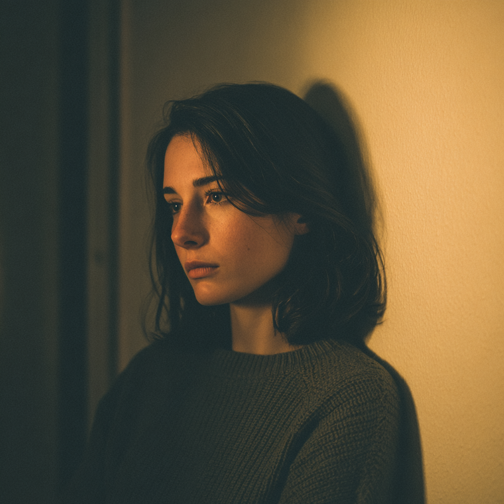 Une femme adossée à un mur | Source : Midjourney