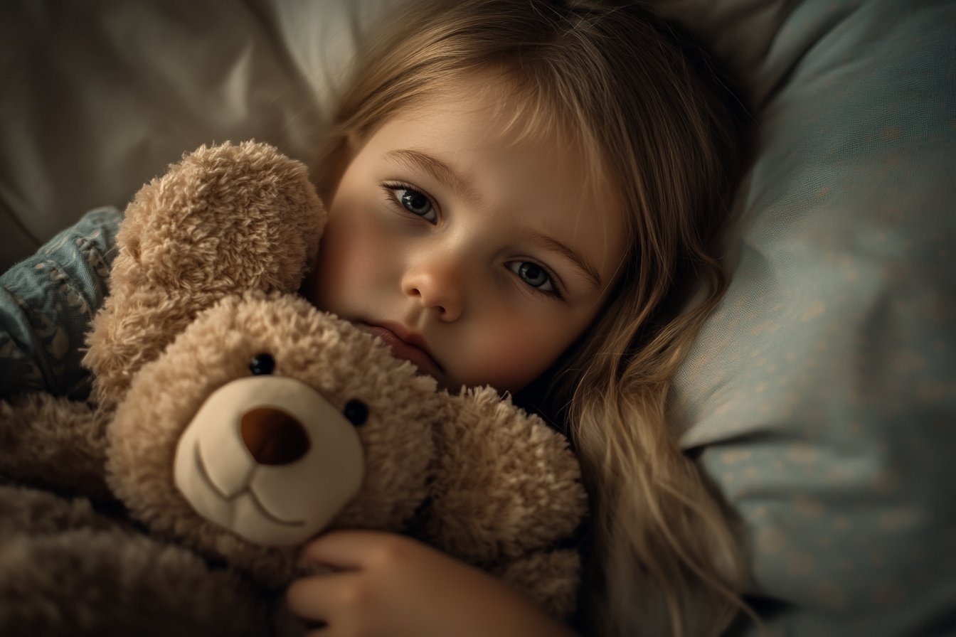 Une petite fille triste serrant un ours en peluche dans son lit | Source : Midjourney