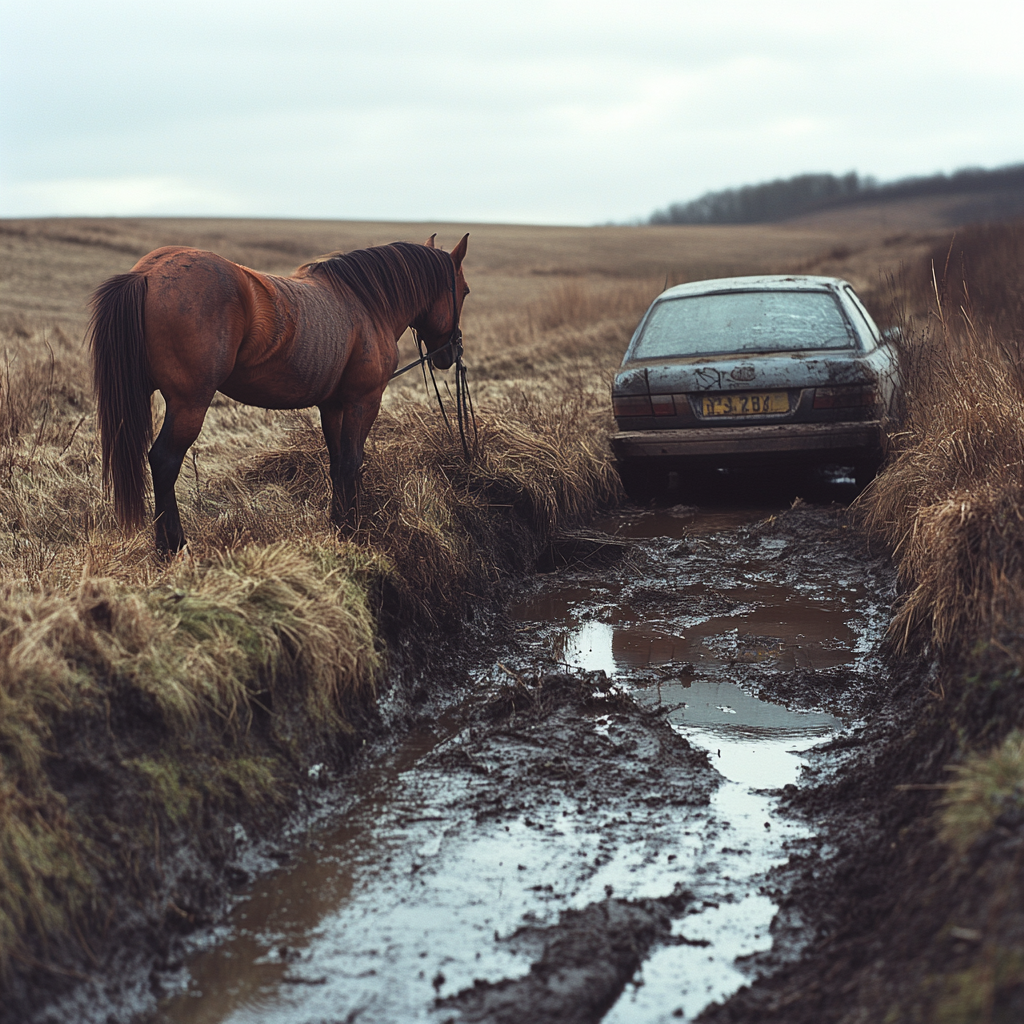 Un cheval se tenant près d'une voiture dans un fossé | Source : Midjourney