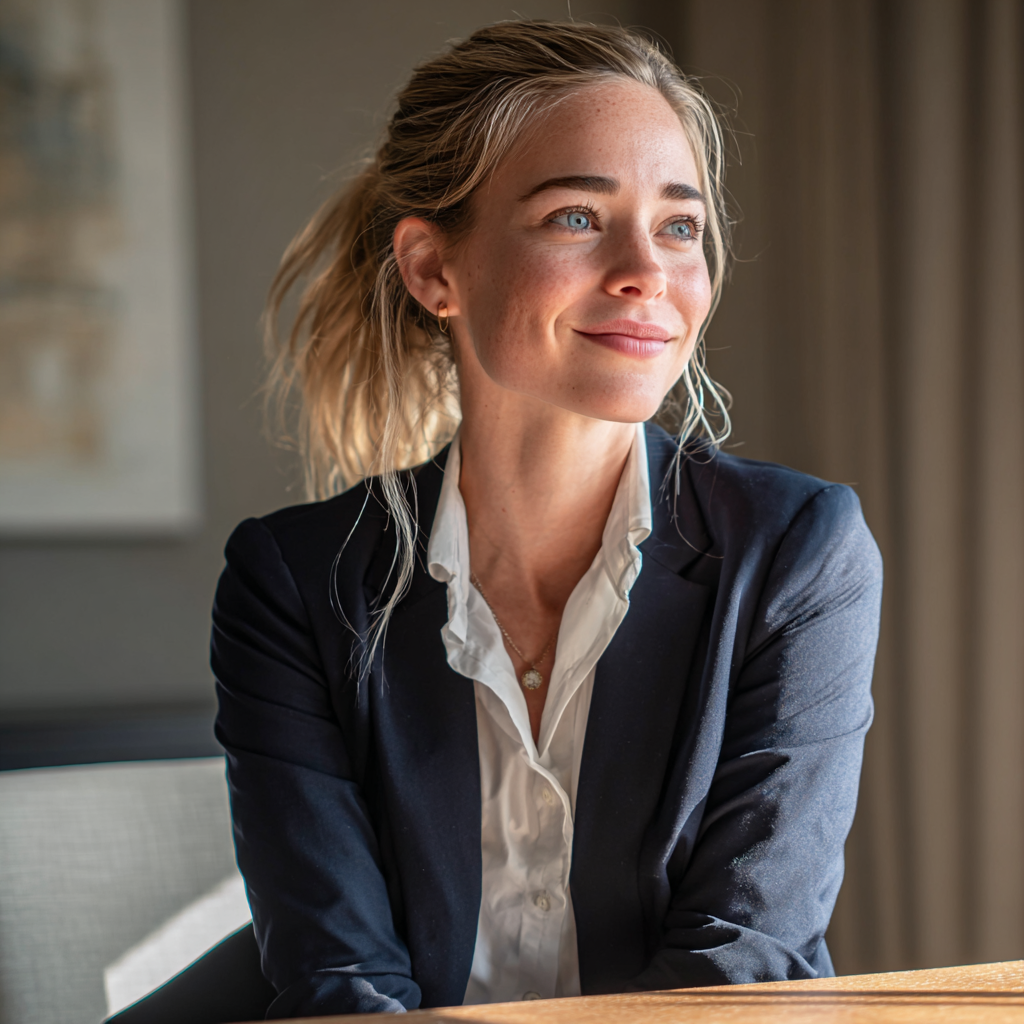 Une femme souriante assise à une table | Source : Midjourney