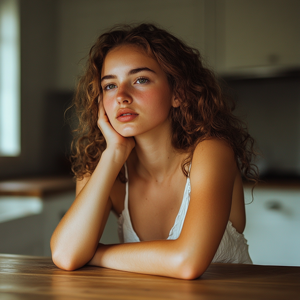 Une jeune femme assise à une table de cuisine | Source : Midjourney