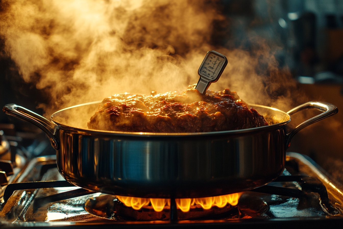 Rôti de pot-au-feu cuisant sur une cuisinière avec un thermomètre à viande | Source : Midjourney