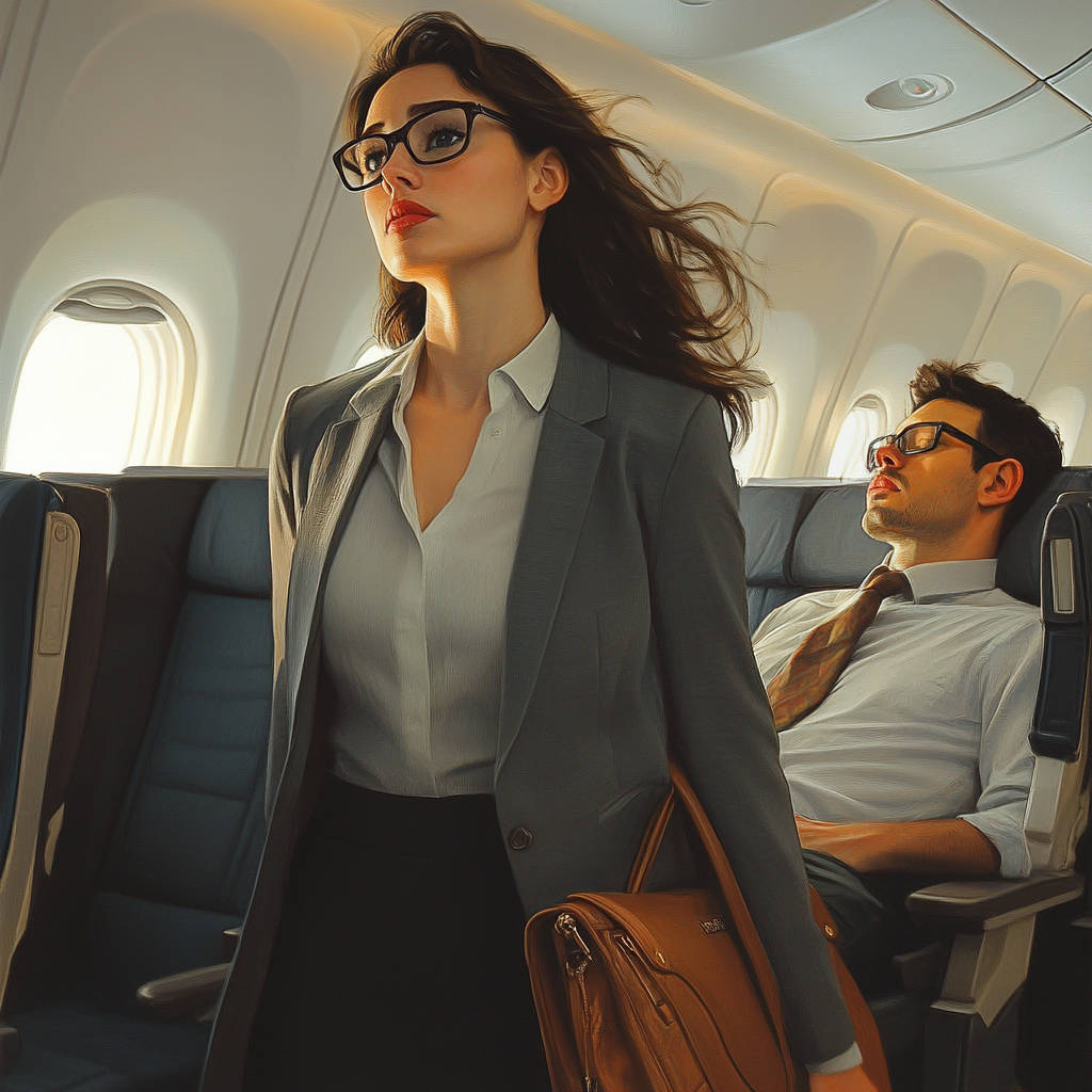 La femme s'éloigne de l'homme endormi en se dirigeant vers la sortie de l'avion | Source : Midjourney