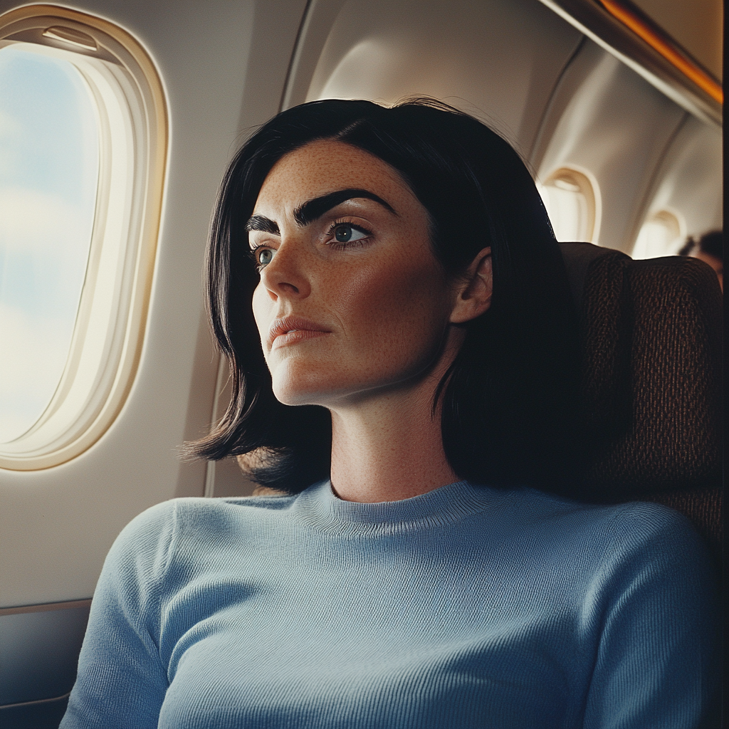 Une femme qui regarde pensivement par le hublot d'un avion | Source : Midjourney