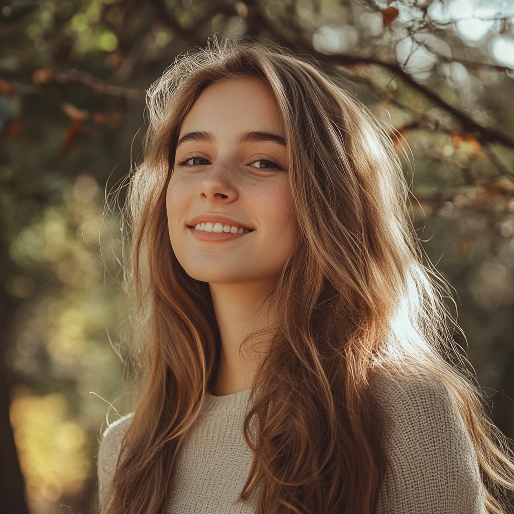 Une jeune femme souriante se tenant à l'extérieur | Source : Midjourney
