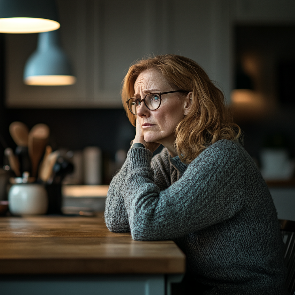 Une femme triste assise à une table | Source : Midjourney