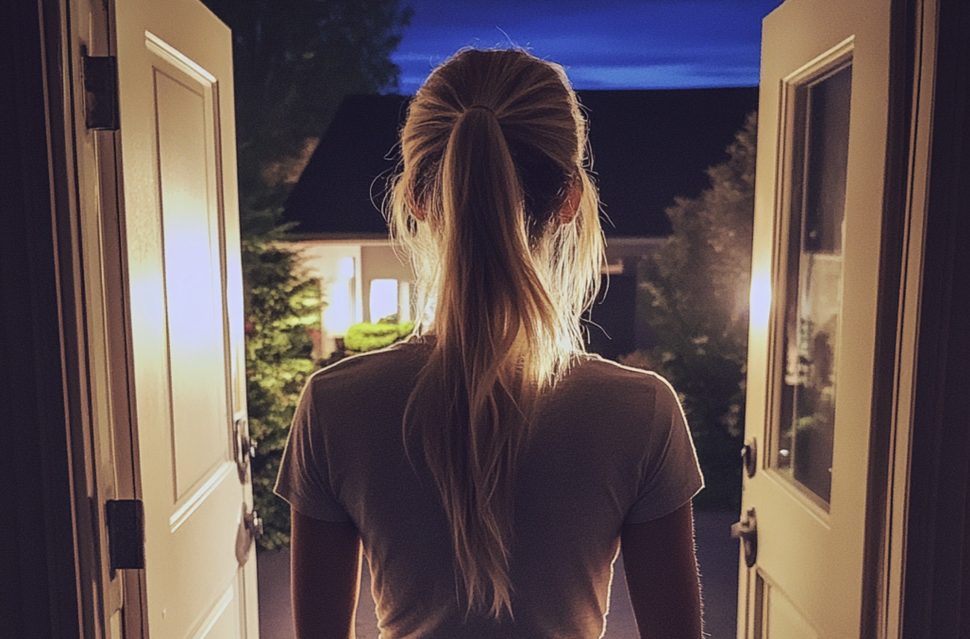 Une femme sortant d'une maison | Source : Midjourney