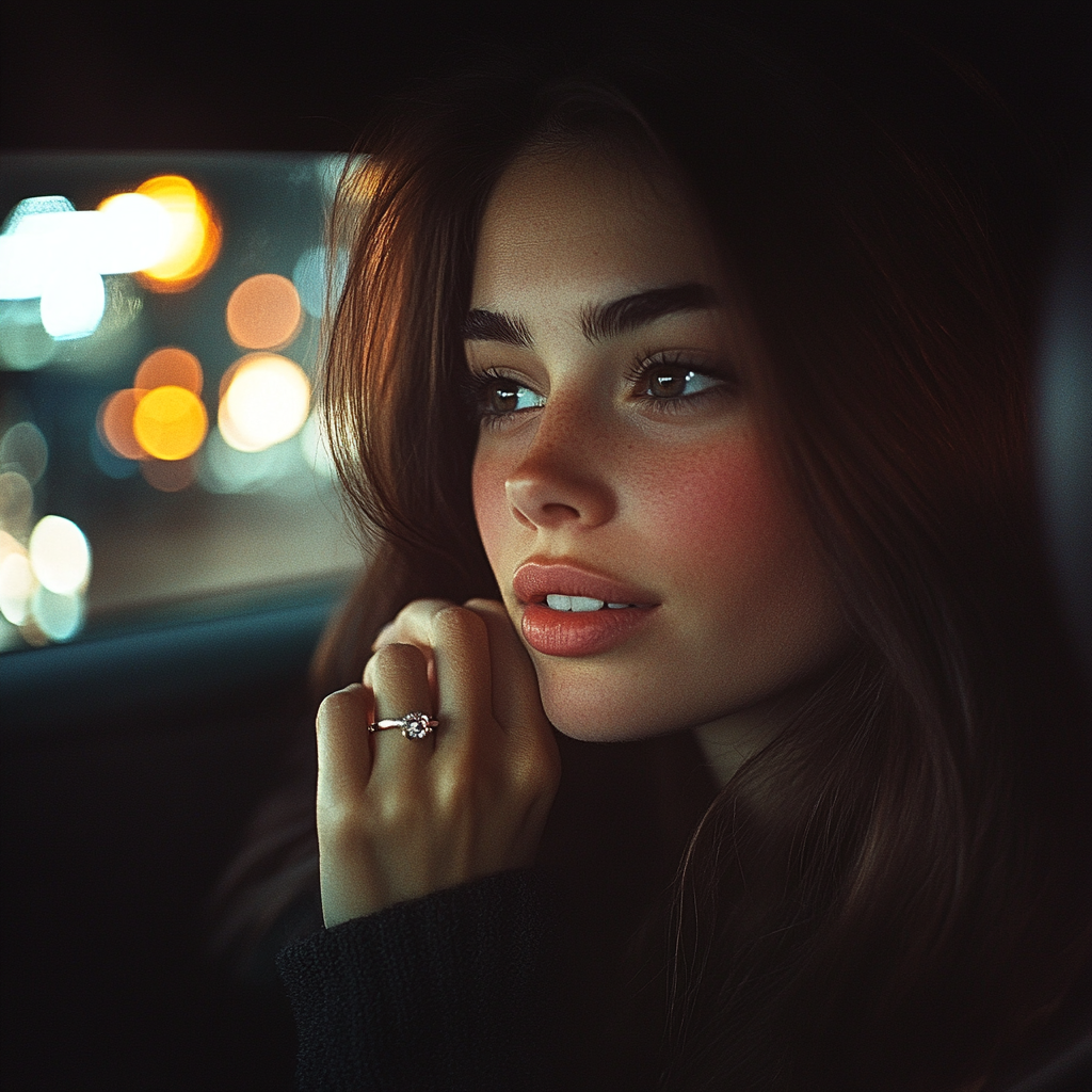 A woman sitting in the passenger seat of a car | Source: Midjourney