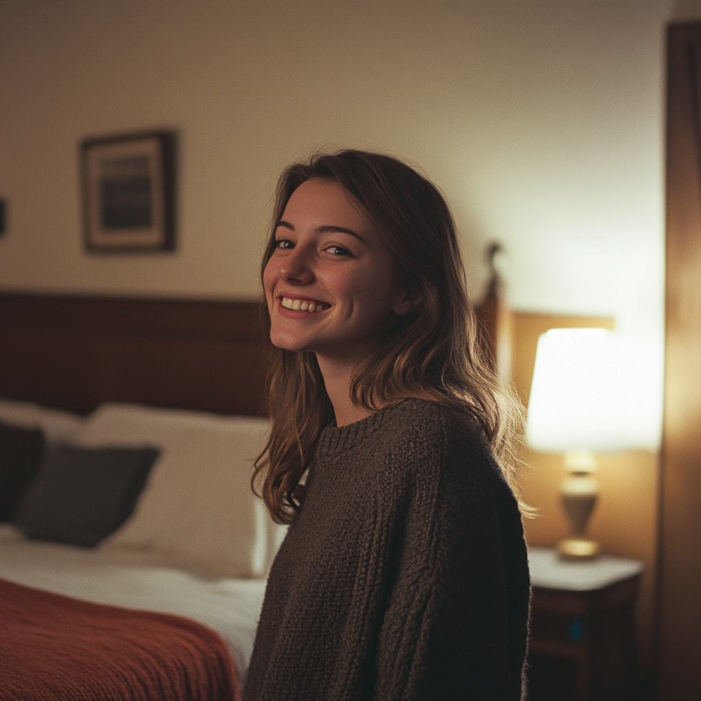 Une femme souriante dans une chambre de motel | Source : Midjourney