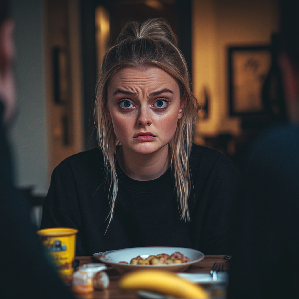 Une femme en colère et contrariée à la table du dîner | Source : Midjourney