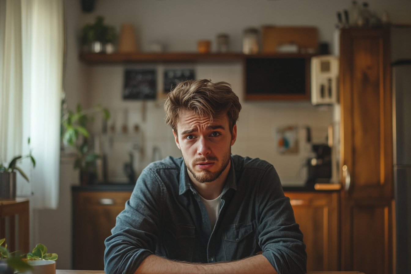 Ein Mann in seinen Zwanzigern sitzt mit besorgtem Gesichtsausdruck in einer Küche | Quelle: Midjourney