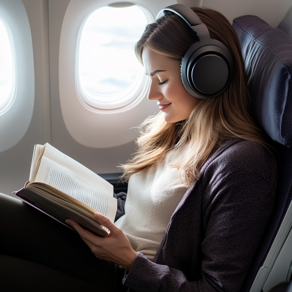 Livre en main, écouteurs en place, la femme ferme les yeux et sourit en anticipant un vol relaxant. | Source : Midjourney