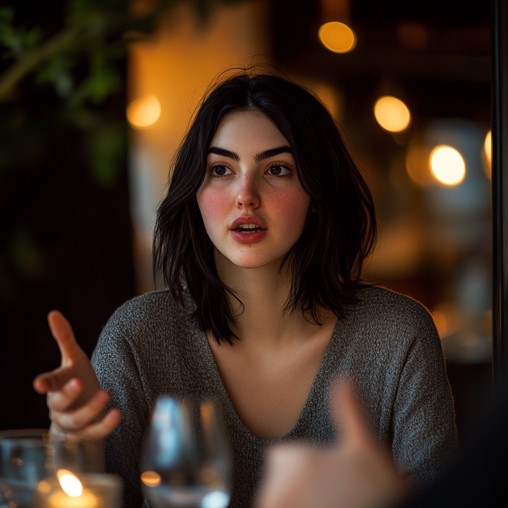 Une femme parle à quelqu'un au cours d'un dîner | Source : Midjourney