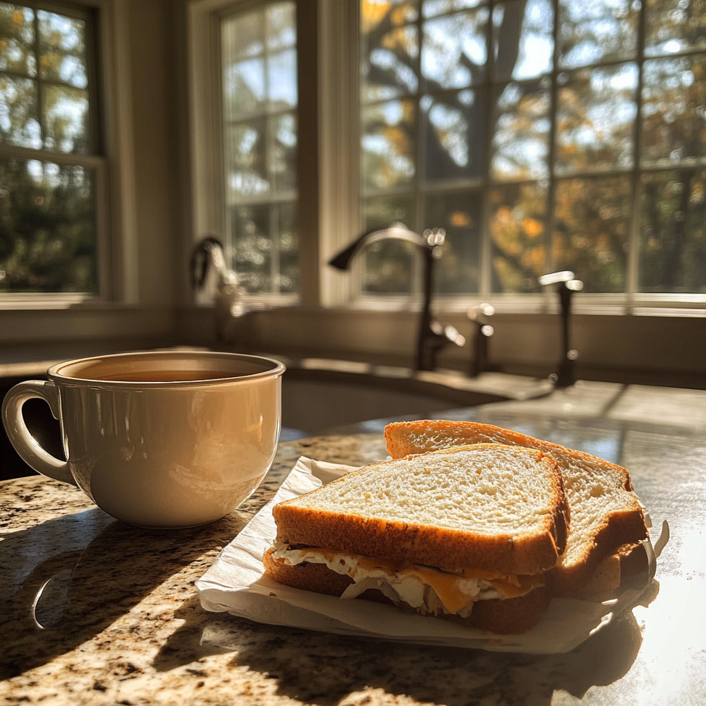 Un sandwich et une tasse de thé sur un comptoir | Source : Midjourney