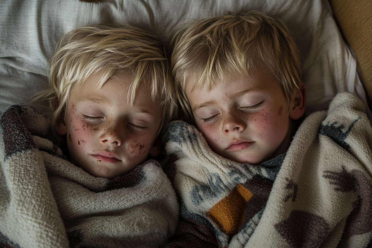 Deux garçons qui dorment dans un couloir | Source : Midjourney