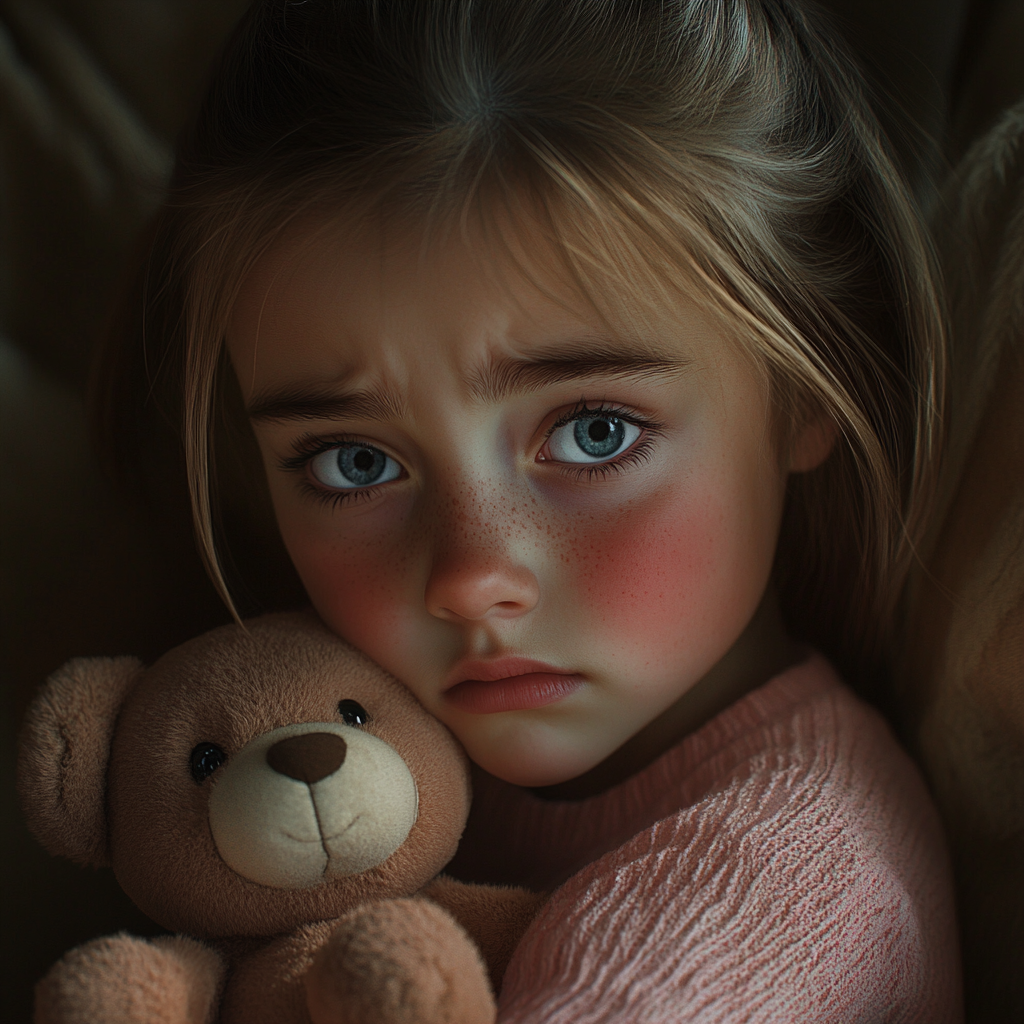 Une petite fille triste tenant un ours en peluche | Source : Midjourney