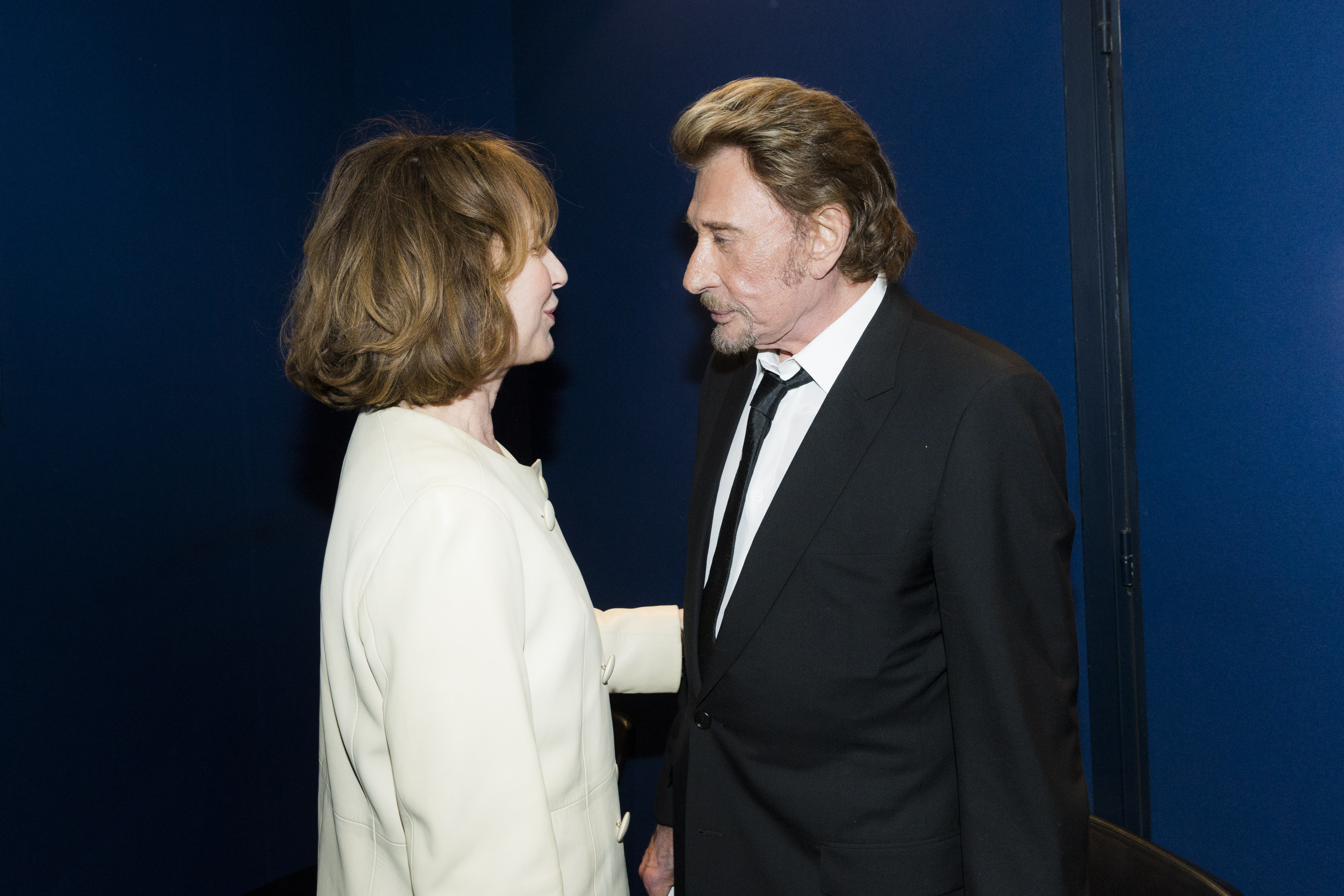 L'acteur et chanteur Johnny Hallyday (à droite) partage un moment de détente avec son ancienne compagne, l'actrice Nathalie Baye, lors de la première du film du réalisateur français Claude Lelouch, « Salaud, on t'aime », au cinéma UGC Normandie, le 31 mars 2014 à Paris, en France I Source : Getty Images