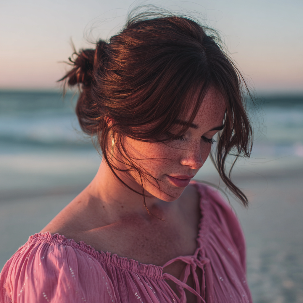 Une femme debout sur une plage dans une robe rose | Source : Midjourney