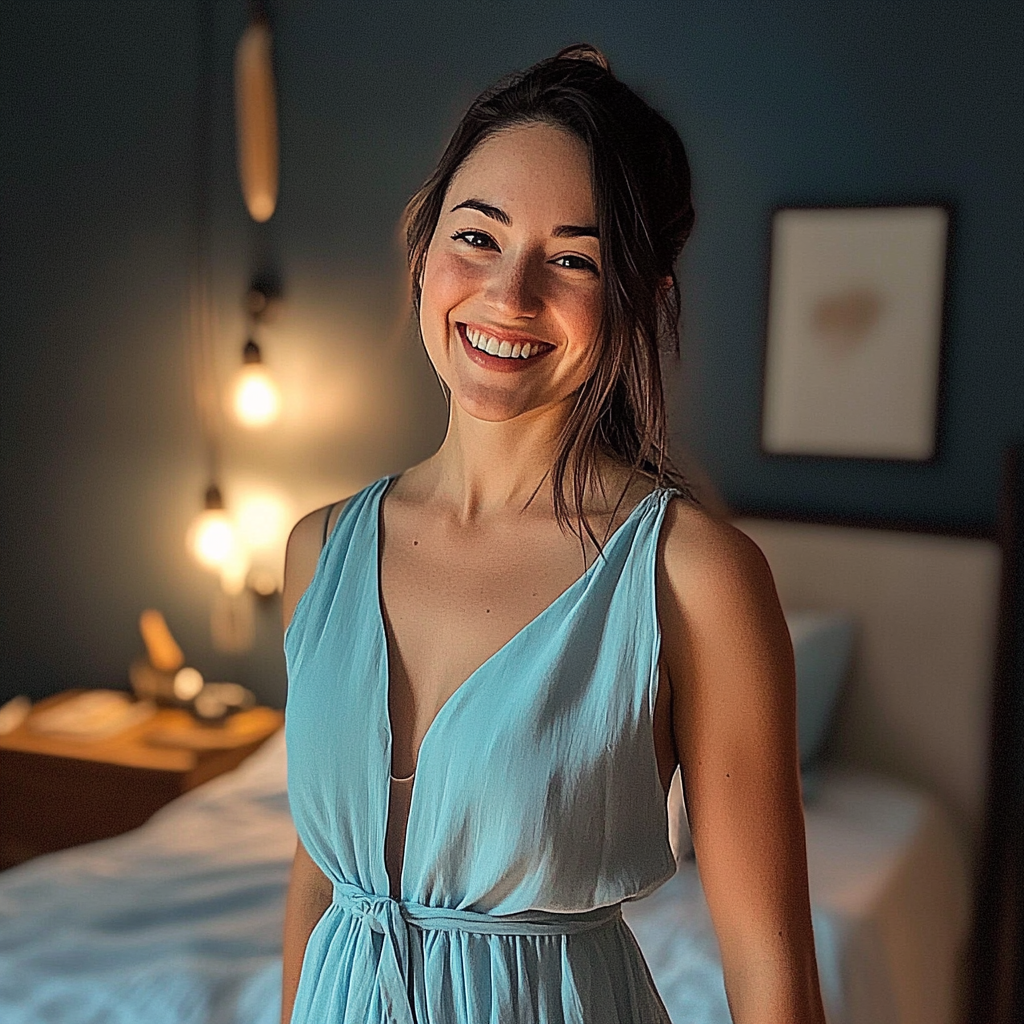 Une femme souriante debout dans une chambre à coucher | Source : Midjourney