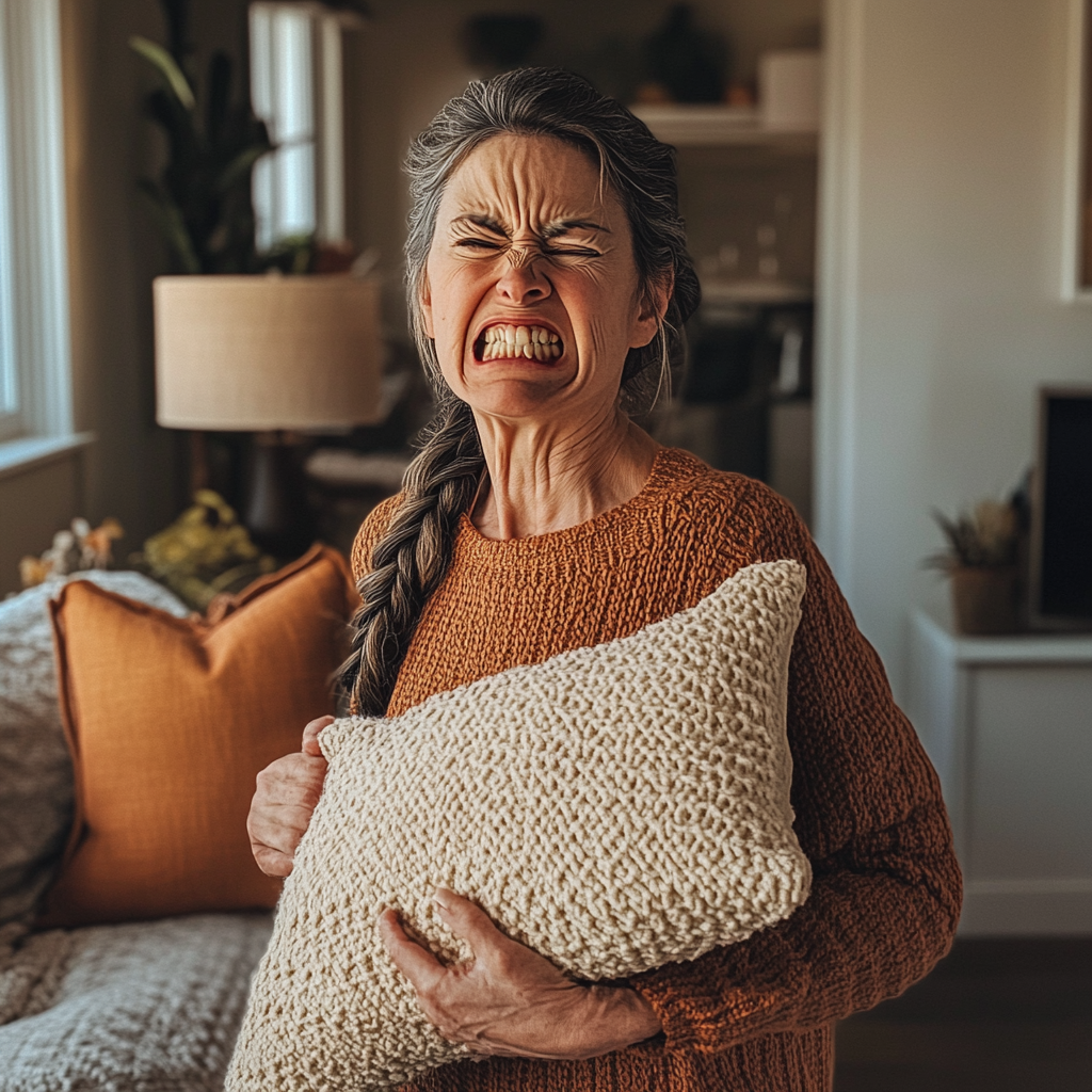 Une femme tenant un coussin | Source : Midjourney