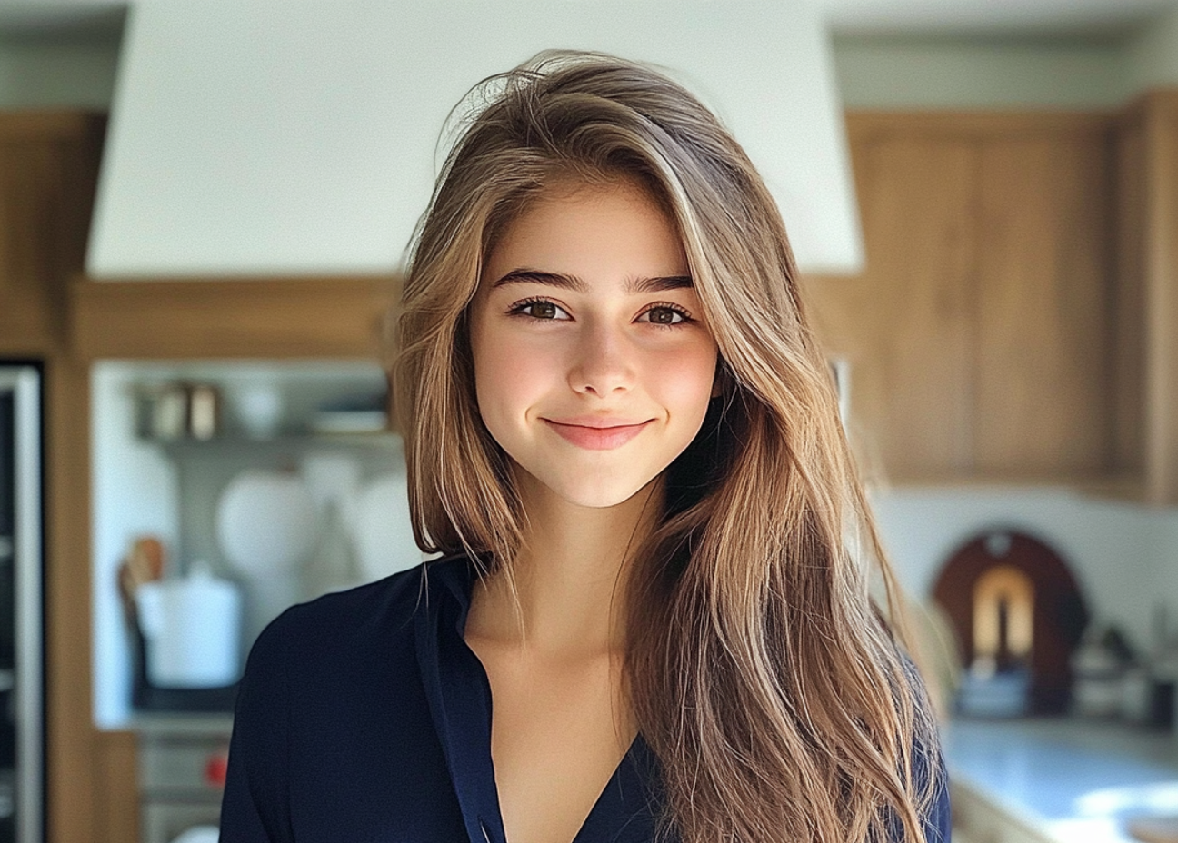 Une jeune femme souriante debout dans une cuisine | Source : Midjourney