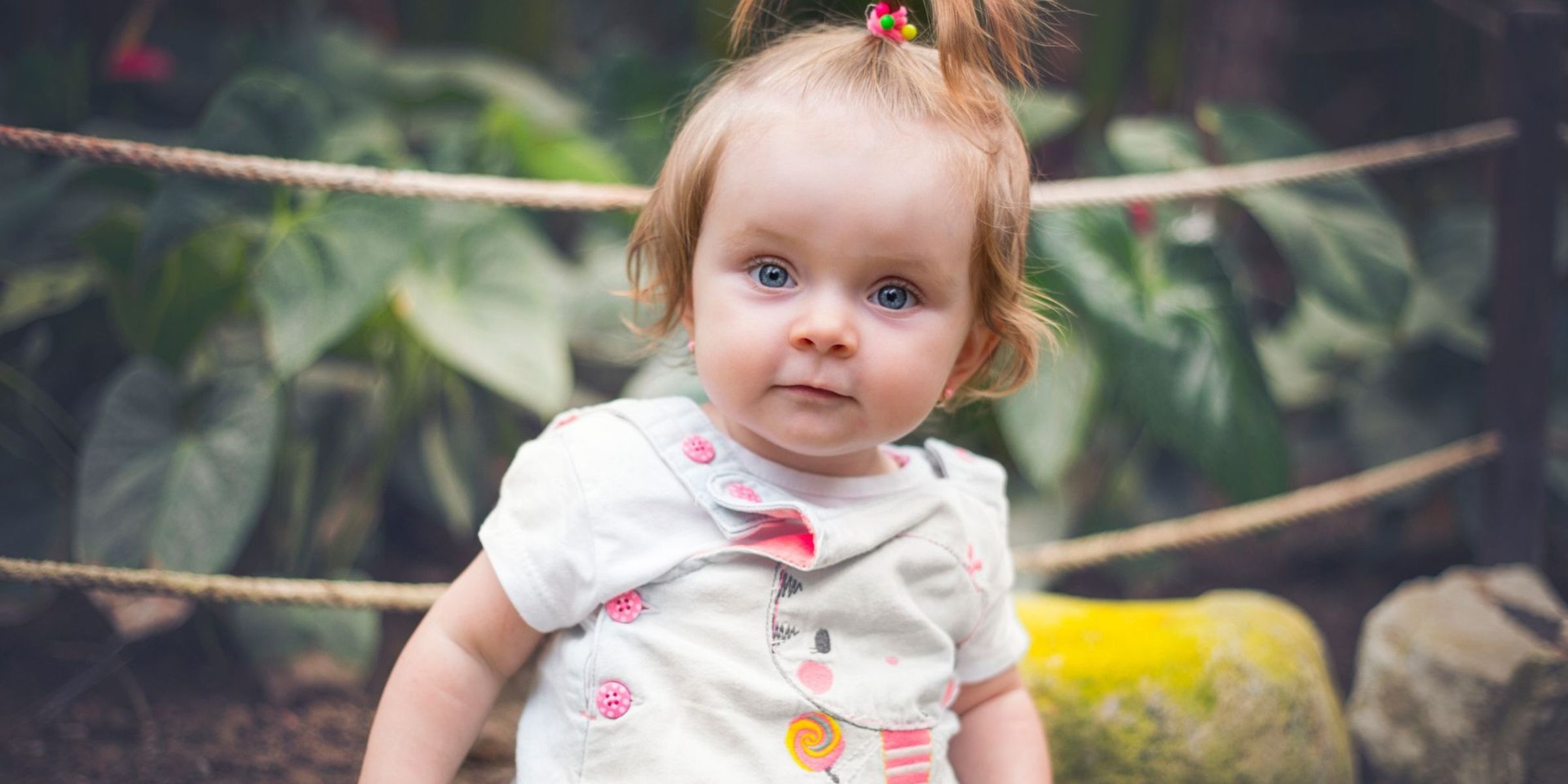 Une petite fille aux yeux bleus avec une petite queue de cheval, assise dehors | Source : Pexels