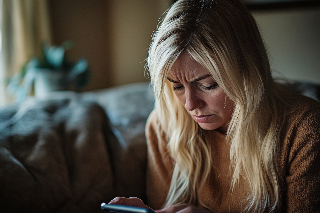 A woman frowns at her phone | Source: Midjourney