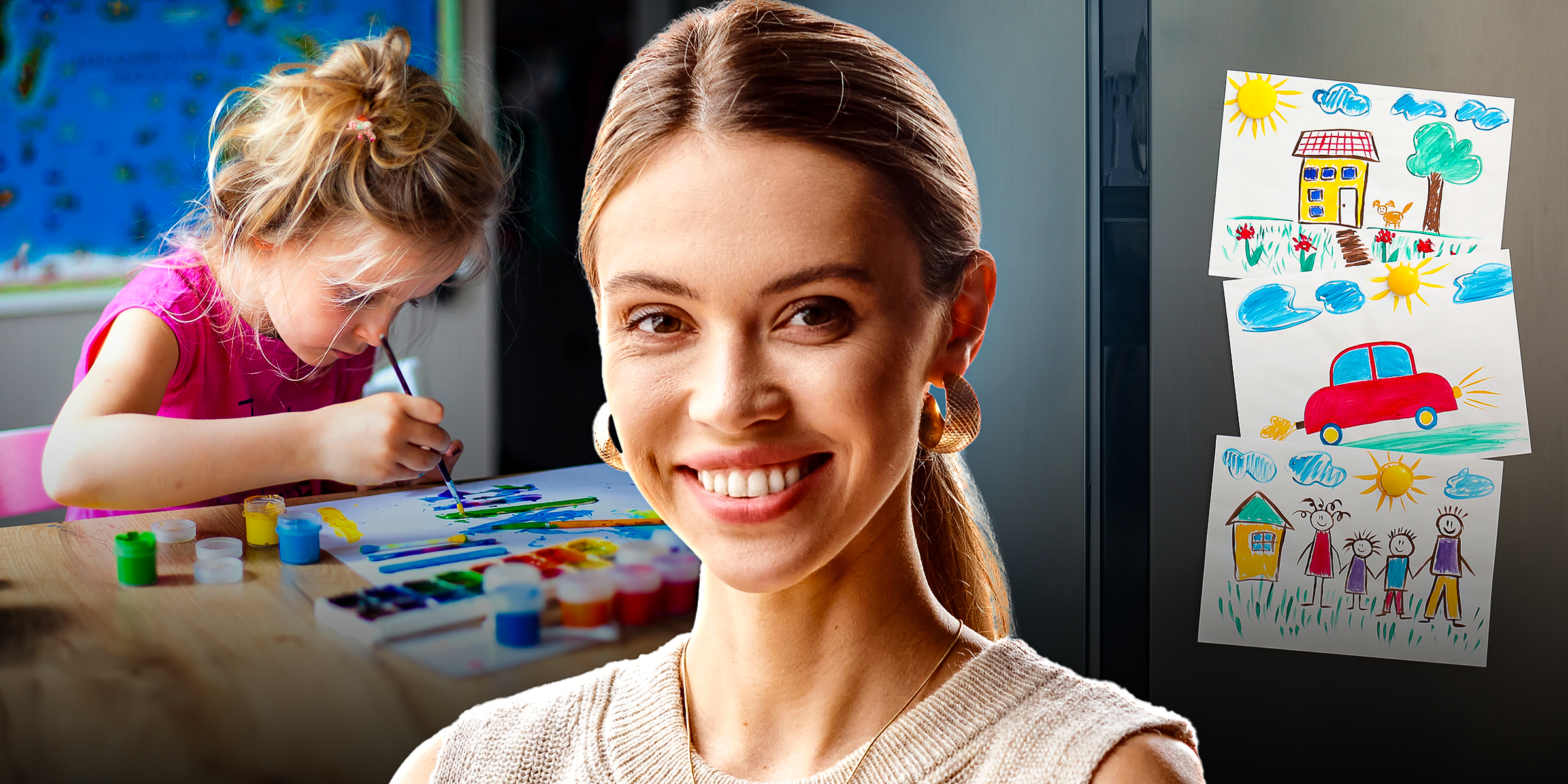 Une petite fille qui dessine sur un papier | Une femme blonde avec une queue de cheval | Un dessin d'enfant | Source : Shutterstock