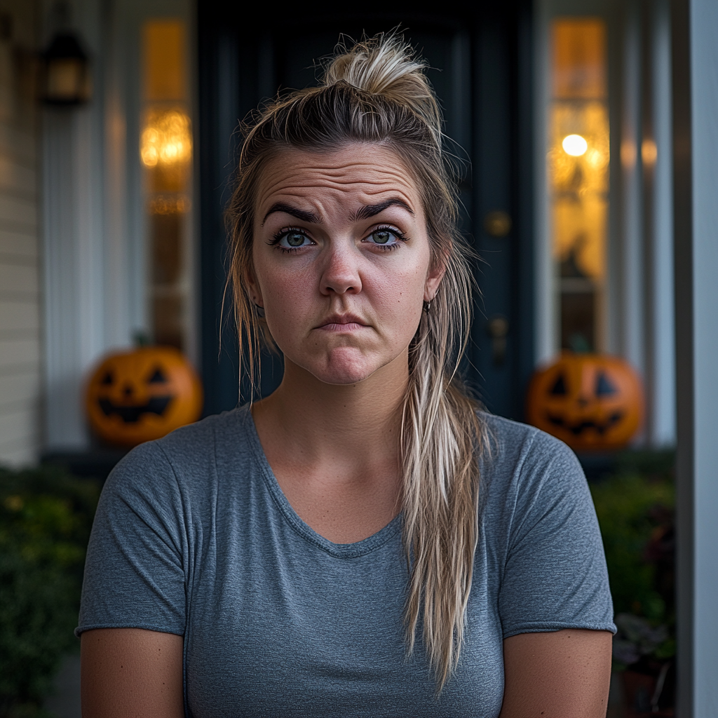 Une femme malheureuse debout devant sa maison | Source : Midjourney