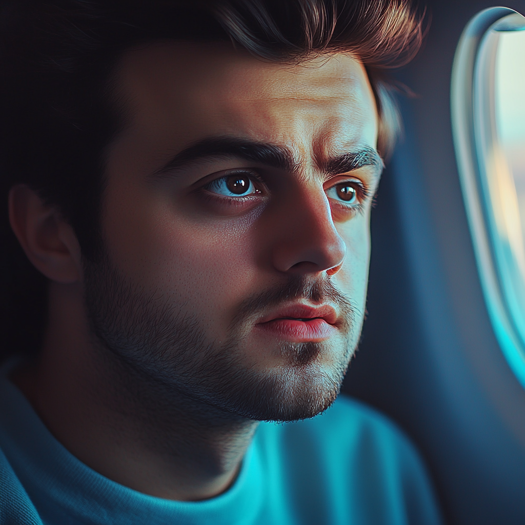 A close-up of a man sitting by the window seat | Source: Midjourney