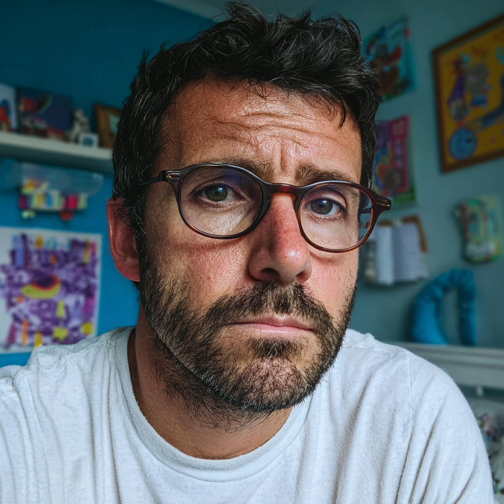 Un homme bouleversé assis dans la chambre d'un adolescent | Source : Midjourney