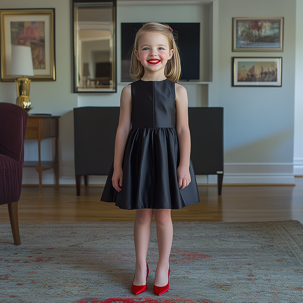 Une petite fille en rouge à lèvres rouge et talons | Source : Midjourney