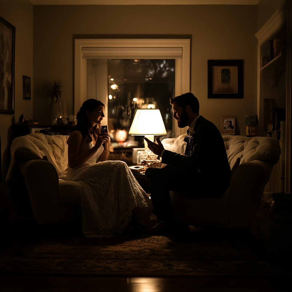 Newlyweds having an intimate conversation in their living room | Source: Midjourney