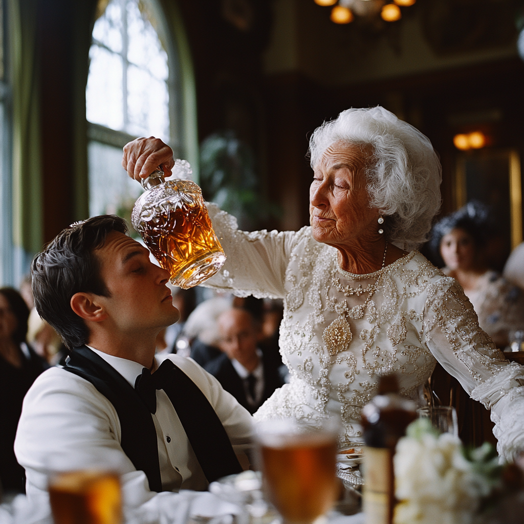 Une vieille femme frappe un marié sur la tête | Source : Midjourney