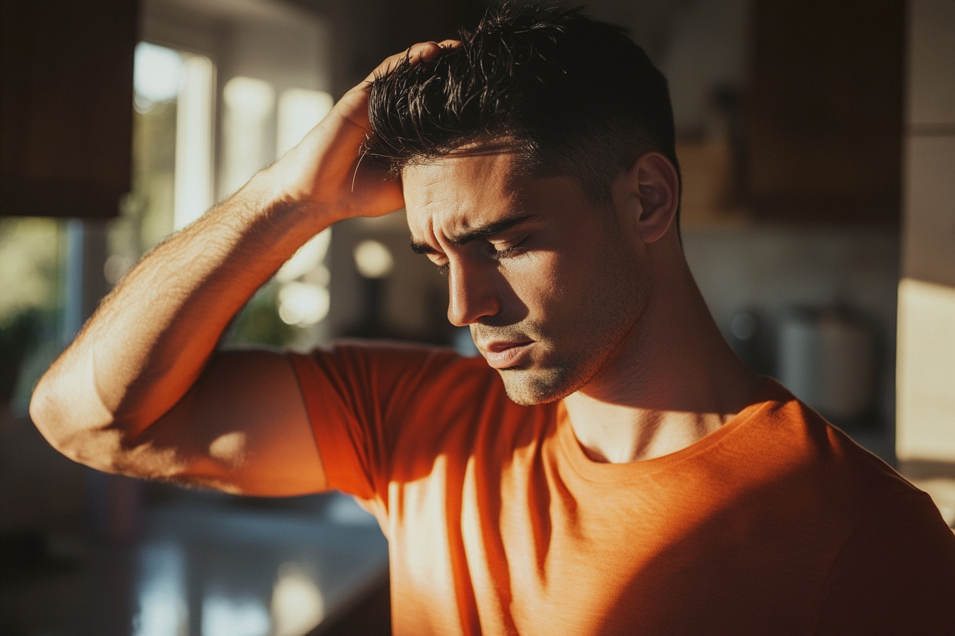 Un homme d'une trentaine d'années à l'air exaspéré, se passant la main dans les cheveux dans une cuisine | Source : Midjourney