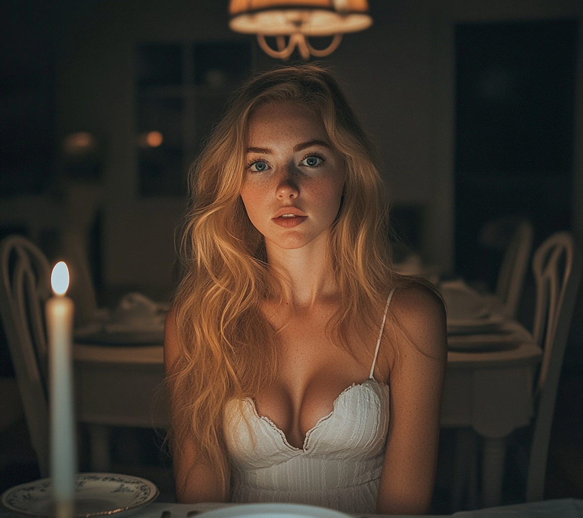 Une jeune femme pensive assise à une table | Source : Midjourney