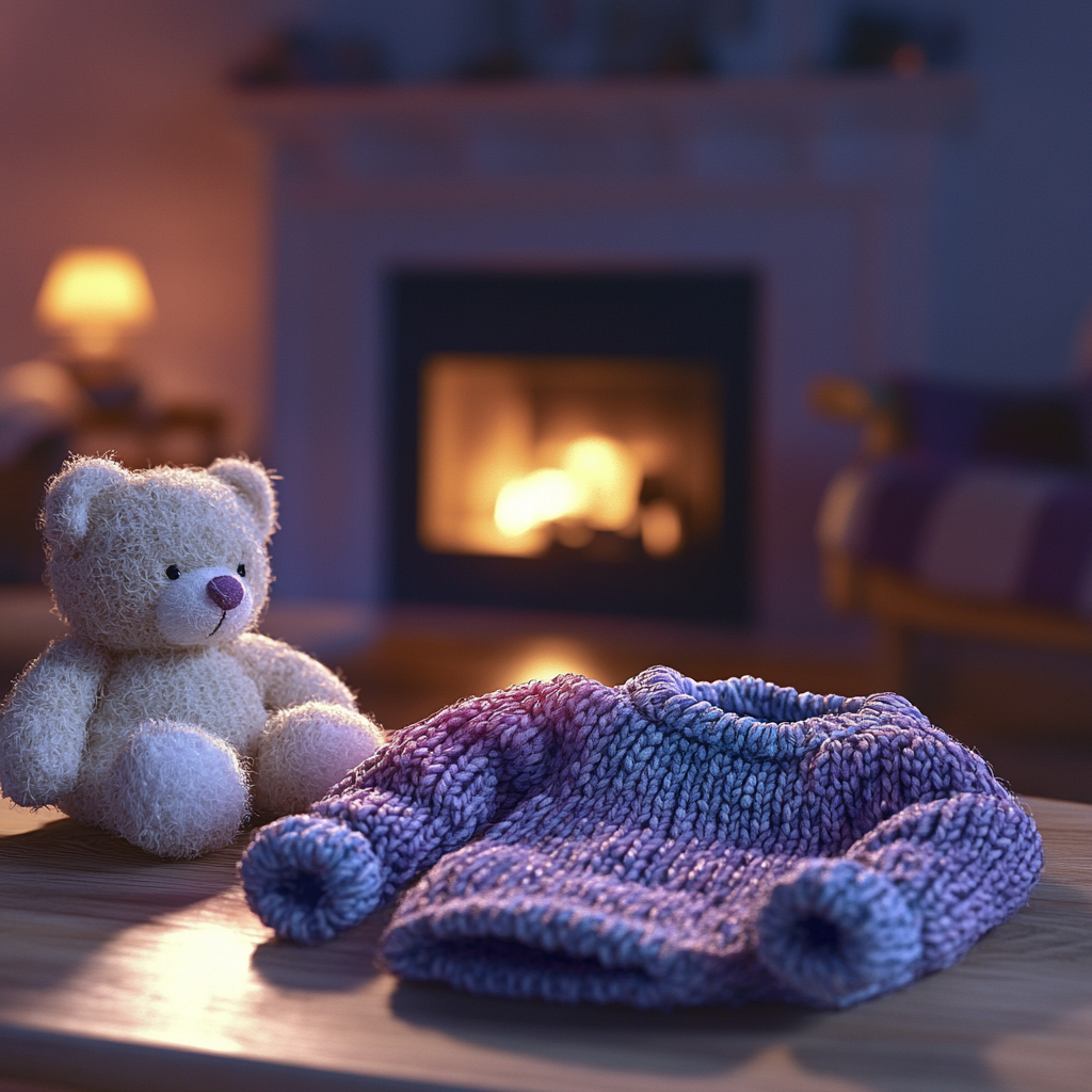 Le pull en laine et l'ours en peluche d'un bébé sur la table | Source : Midjourney