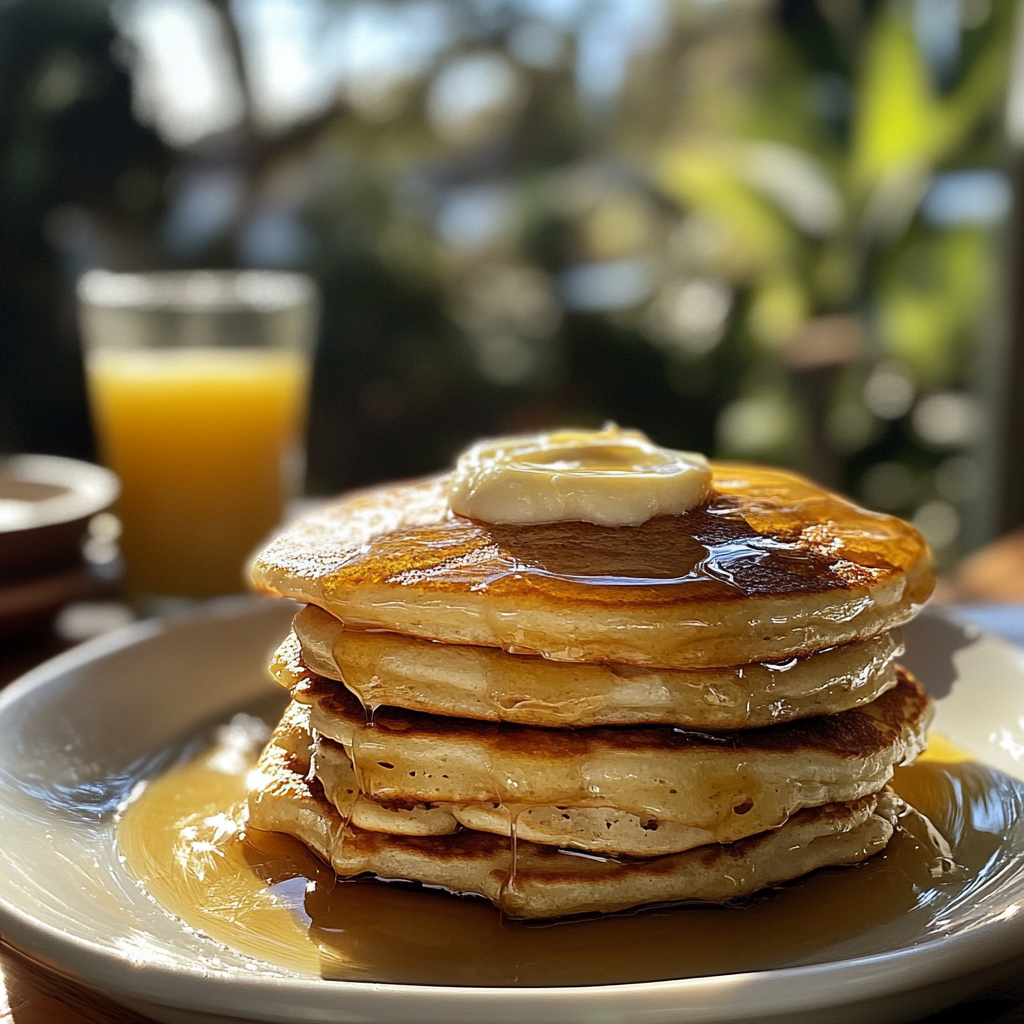 Une pile de crêpes sur une table extérieure | Source : Midjourney