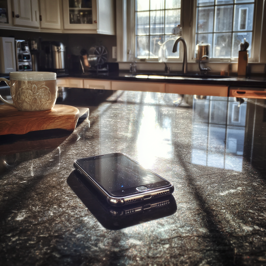 Un téléphone portable sur un comptoir de cuisine | Source : Midjourney